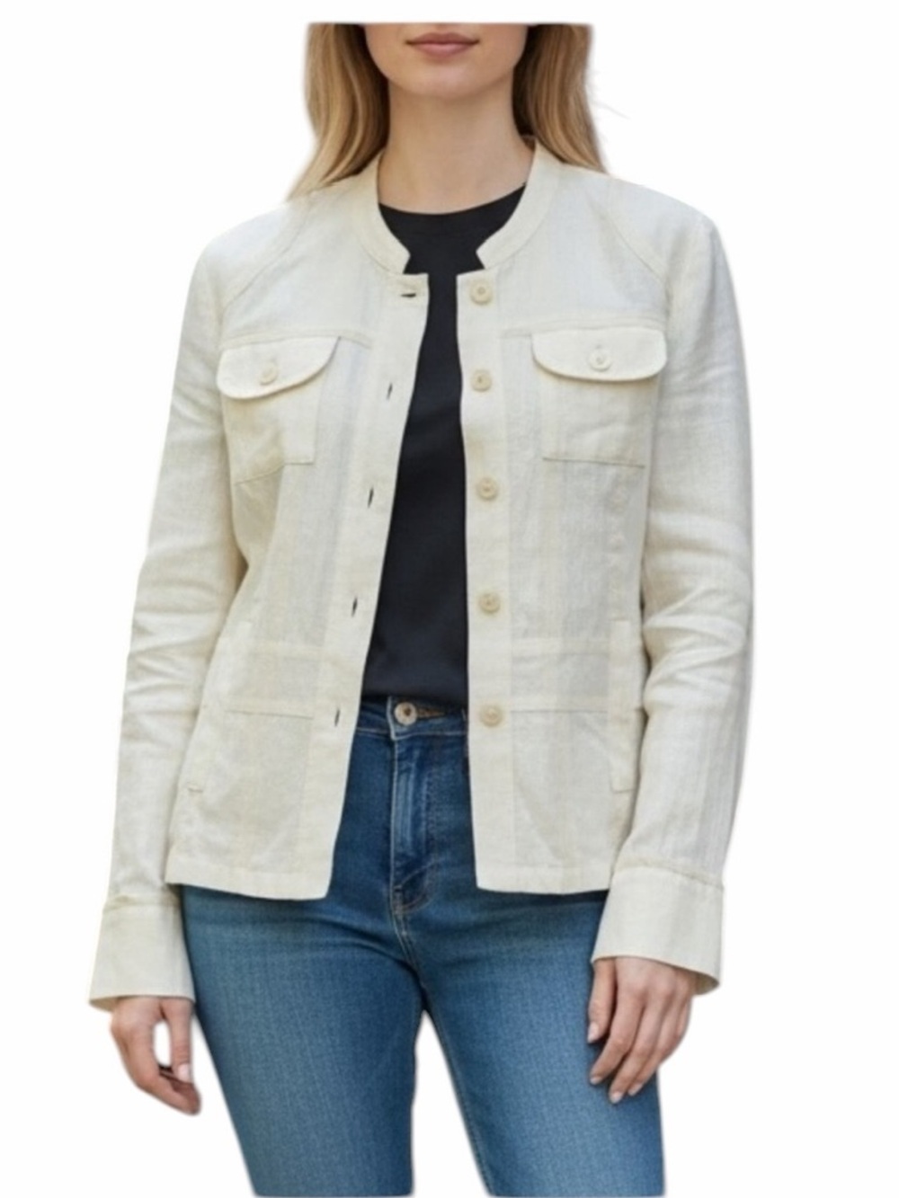 ASARA Ivory Linen Button Down Jacket